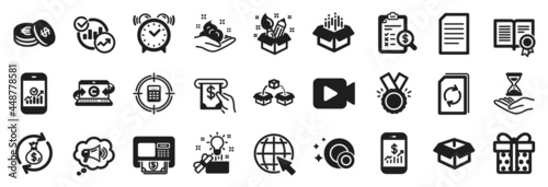 Set of simple icons, such as Alarm clock, Statistics, Mobile finance icons. Open box, Gift box, Copywriting notebook signs. Document, Money exchange, Calculator target. Creativity, Atm. Vector