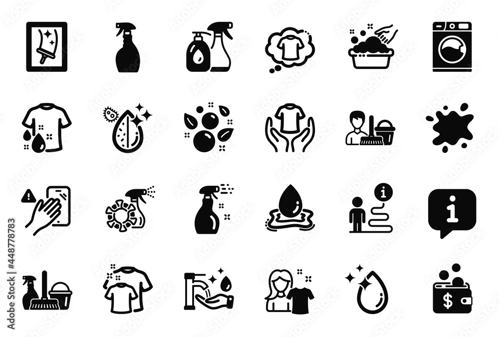 Vector Set of Cleaning icons related to Water drop, Dirty water and Dirty spot icons. Cleaning spray, Dont touch and Cleaning liquids signs. Clean t-shirt, Hold t-shirt and Washing machine. Vector