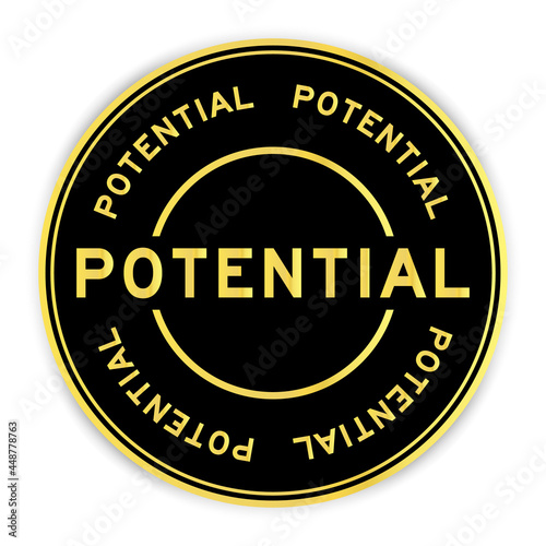 Black and gold color round label sticker with word potential on white background