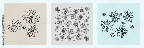 Home decor printable line art. Set of hand drawn vector illustrations of wild flowers in ditsy style. Contemporary design for prints, posters, cards, textile