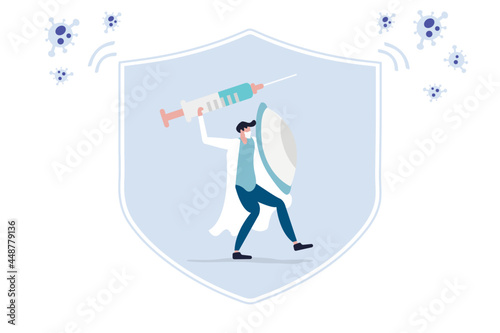 Fight and protect COVID-19 Coronavirus outbreak concept, Doctor wearing sanitary mask holding protective shield and vaccine box to protect from COVID-19 coronavirus pathogens.