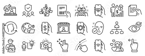 Set of People icons  such as Check eye  Internet app  Couple icons. Delivery discount  Seo statistics  Health skin signs. Face id  Hold document  Security agency. Move gesture  Swipe up. Vector