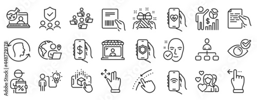 Set of People icons, such as Check eye, Internet app, Couple icons. Delivery discount, Seo statistics, Health skin signs. Face id, Hold document, Security agency. Move gesture, Swipe up. Vector