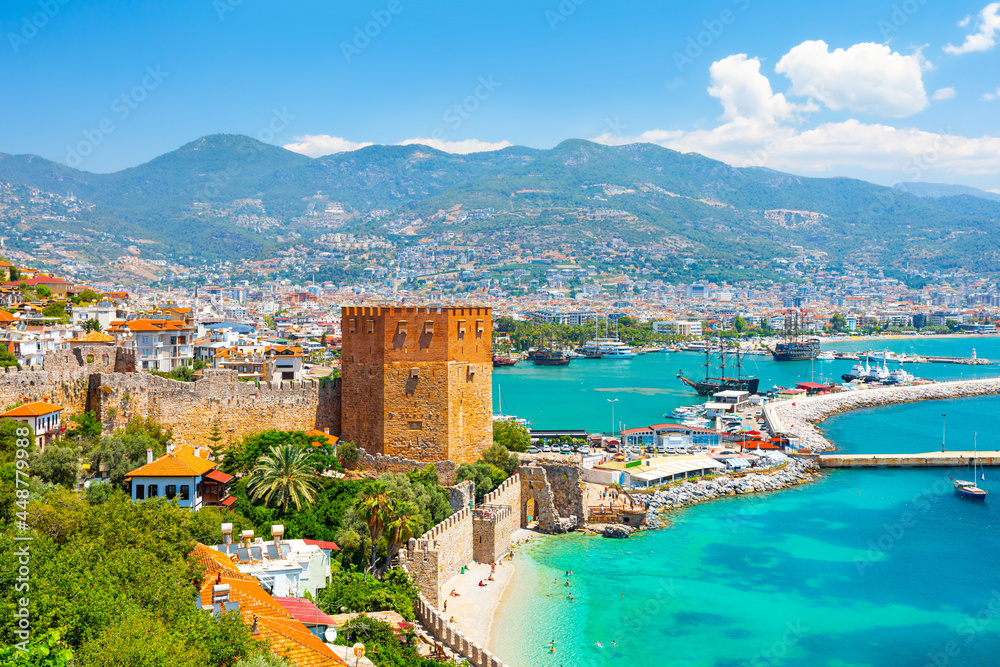 Panoramic view of the harbor of Alanya on a beautiful summer day. Alanya, Turkey