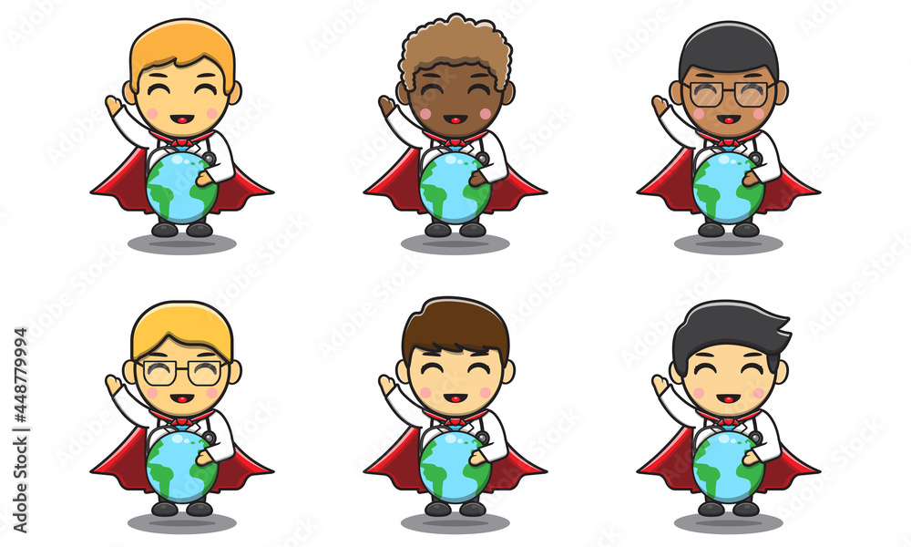 Cute little male Doctor Hero protect earth. Adorable kids doctor set. Smiling little Boy dressed as doctors vector illustrations. Cute little male Doctor Hero protect earth. Adorable kids doctor set. Smiling little Boy dressed as doctors vector illustrations.