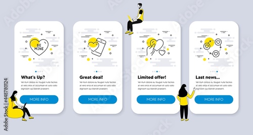 Vector Set of Love icons related to Hold heart, Heart and Be mine icons. UI phone app screens with people. Friends community line symbols. Care love, Love call. Phone UI banners. Vector