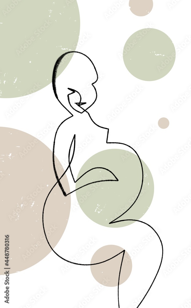 Line artistic silhouette of a pregnant woman. Abstract angular distorted style. Exaggerated huge belly. Drawn by hand. Black contour and green beige circles. Natural and simple concept. Symbolic pose. Line artistic silhouette of a pregnant woman. Abstract angular distorted style. Exaggerated huge belly. Drawn by hand. Black contour and green beige circles. Natural and simple concept. Symbolic pose.