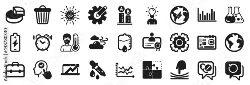 Set of Science icons, such as Bar diagram, Puzzle, Elastic icons. Cogwheel, Drop counter, Certificate signs. Motherboard, Thermometer, Electricity. Alarm clock, Chemistry lab, Coronavirus. Vector
