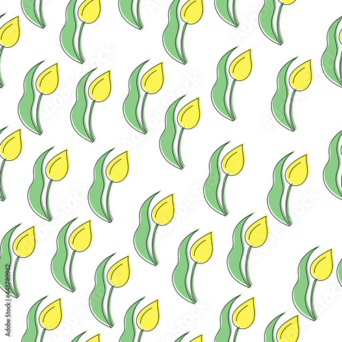Seamless pattern of yellow tulips with green leaves, delicate doodle flowers on a white background