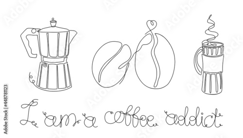 I am a coffee addict in continuous one line style with mug, coffee cup for poster wall, contour line art design for t-shirt fashion print, logo, emblem, template. Single line draw vector illustration