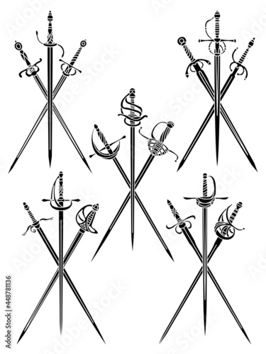 Set of simple monochrome vector images of three crossed rapiers and epees.