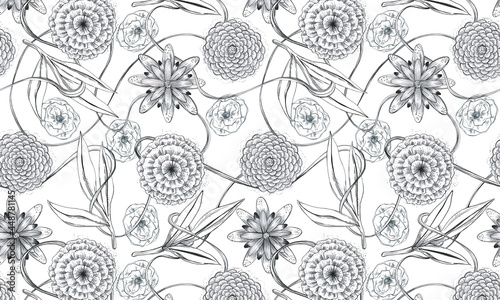 Patrón vectorizado de flores sobre fondo blanco, crisantemos, rosas, ramas