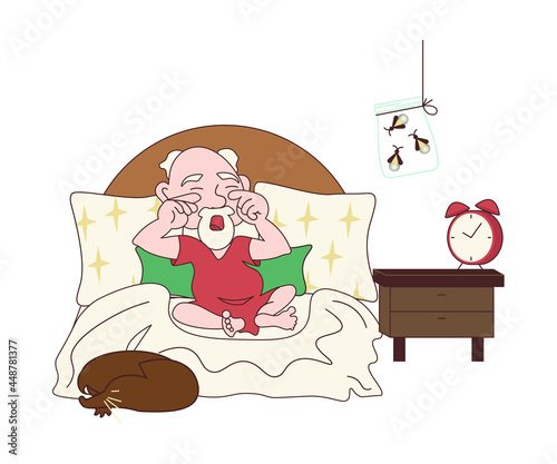 Funny cute mythological gnome woke up in the morning in his bed