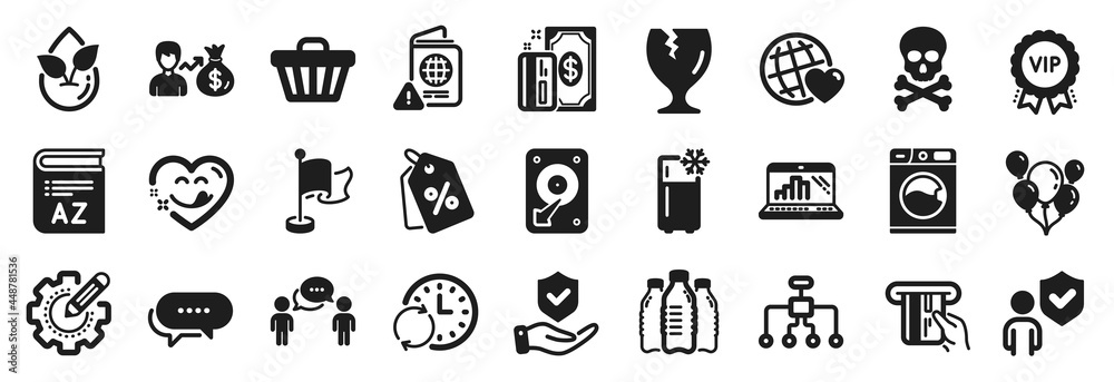 Fototapeta premium Set of Business icons, such as Flag, Discount tags, Chemical hazard icons. Refrigerator, Yummy smile, Vocabulary signs. Update time, Washing machine, Hdd. Vip award, Fragile package. Vector
