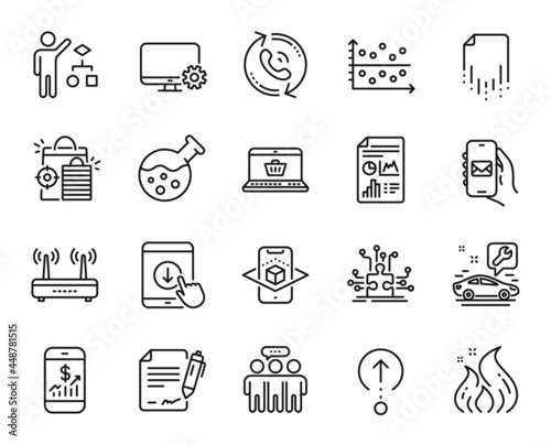 Vector set of Seo shopping, Car service and Report document line icons set. Mail app, Mobile finance and Puzzle options icons. Call center, Scroll down and Swipe up signs. Vector