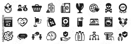 Set of Business icons, such as Flag, Discount tags, Chemical hazard icons. Refrigerator, Yummy smile, Vocabulary signs. Update time, Washing machine, Hdd. Vip award, Fragile package. Vector