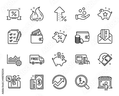Vector set of Payment method, Increasing percent and Saving money line icons set. Discounts ribbon, Audit and Market seller icons. Debit card, Loyalty points and Loan percent signs. Vector