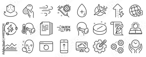 Set of Science icons  such as Windmill turbine  Swipe up  Face search icons. Settings gear  Sick man  Windy weather signs. Green electricity  Capsule pill  Copy documents. Education  Gears. Vector