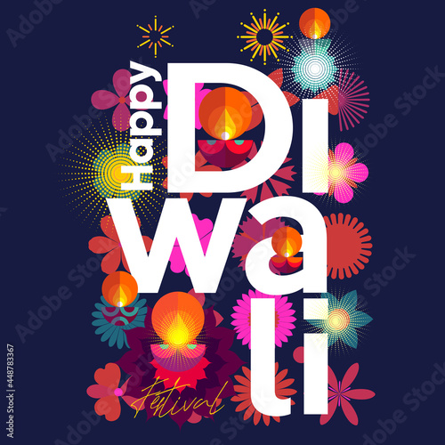 Happy Diwali. Indian festival of lights. Deepavali or Dipavali. Vector flat  illustration and lettering. Holiday background for branding, card, banner, cover, flyer or poster.
