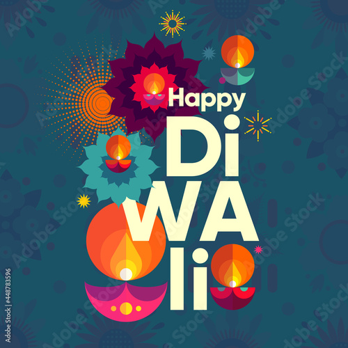 Happy Diwali. Indian festival of lights. Deepavali or Dipavali. Vector flat  illustration and lettering. Holiday background for branding, card, banner, cover, flyer or poster.