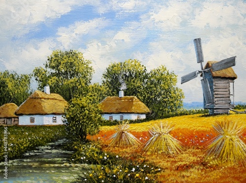 OIl paintings rural landscape, old village, landscape with a house in the background. Fine art