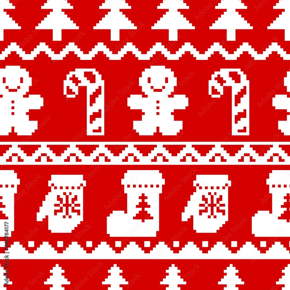 Seamless Christmas pattern with the image of candies, Christmas trees and socks, mittens with snowflakes, gingerbread. Design for paper, textiles and decor. Vector illustration. Seamless Christmas pattern with the image of candies, Christmas trees and socks, mittens with snowflakes, gingerbread. Design for paper, textiles and decor. Vector illustration.