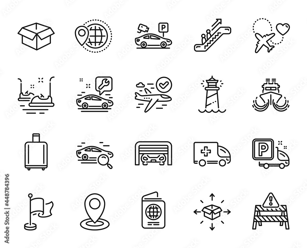 Fototapeta premium Vector set of Confirmed flight, Lighthouse and Escalator line icons set. Search car, Location and Honeymoon travel icons. Truck parking, World travel and Parking security signs. Vector