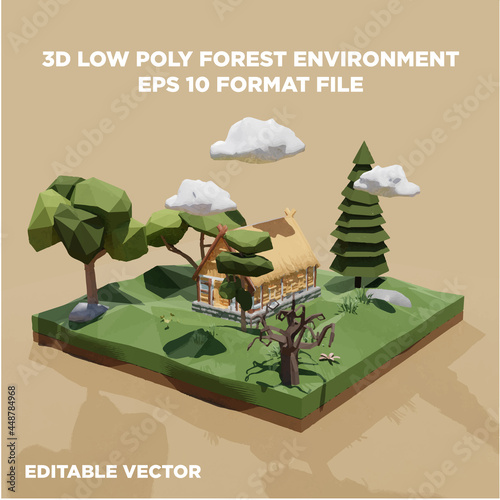 3d low poly forest with old house, cloud and various kinds of plants