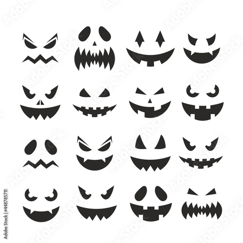 Halloween pumpkin jack-o-lantern faces vector illustration. October party scary black clipart collection, spooky pumpkins facial expression, smiling ghost face on Halloween party isolated on white