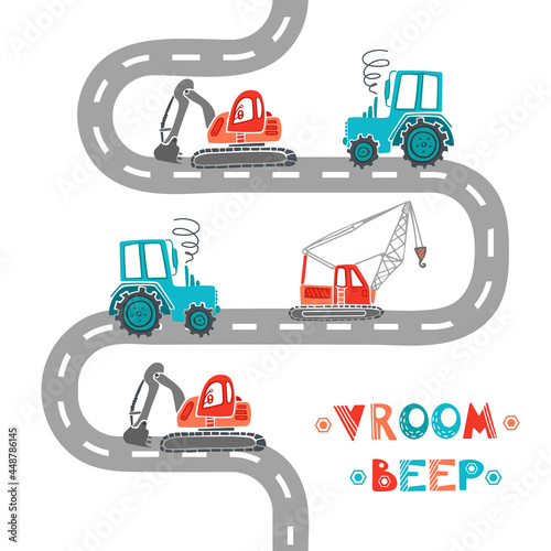 Childrens construction machinery pattern. Cartoon illustration scandinavian style. Transport machine excavator, tractor crane drives along the road. For nursery, wallpaper, printing fabric, wrapping.