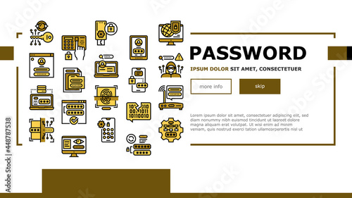 Password Protection Landing Web Page Header Banner Template Vector. Electronic Key And Fingerprint, Wifi Router And Computer, Smartphone And Folder Password Illustration