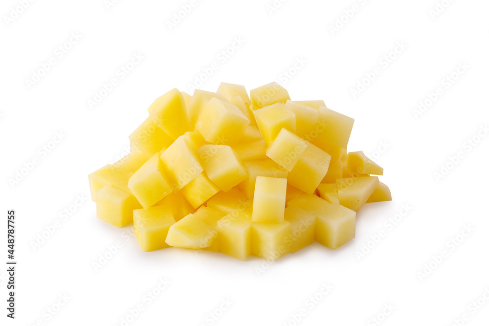 raw potatoes Dice isolated on white background, concept used for French Fries. raw potatoes Dice isolated on white background, concept used for French Fries.