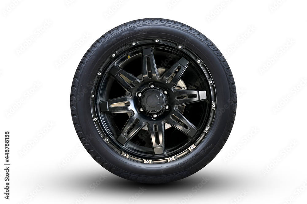 Clipping path. Close up of Black Wheel super car isolated on White background. Movement. Magneto wheels. Car decoration. Move. Flat lay(Top view)