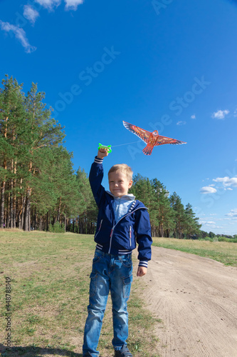 A six-year-old preschooler boy in a blue jacket launches a kite bird in nature against the background of a clear blue sky on a summer day. The bright sun is shining. Portrait