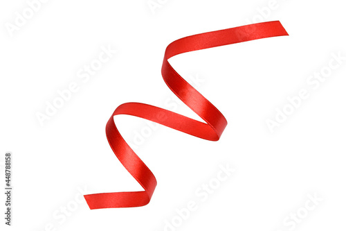 Clipping path. Red ribbon rolled isolated on white scene view. Top view(Flay lay). ribbon decal.