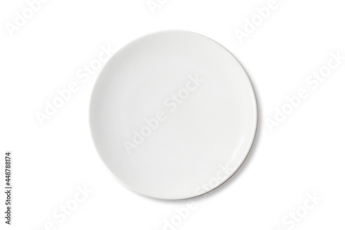 Clipping path. Top view of White dish ceramic isolated on white background. Flat lay of Circle dish. Plate isolated on white background. Mockup. Plate blank. Empty. Shiny plate isolated.