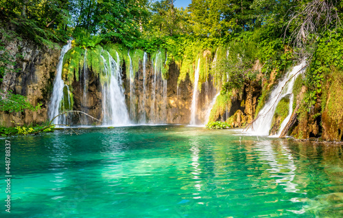Beautiful waterfalls and lakes at Plitvice national nature park  Croatia. Fresh water stream in peaceful nature. Harmony and meditation  concept of peace and meditation in nature.