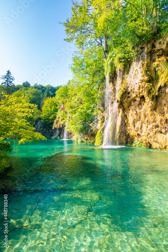 Beautiful waterfalls and lakes at Plitvice national nature park, Croatia. Fresh water stream in peaceful nature. Harmony and meditation, concept of peace and meditation in nature.