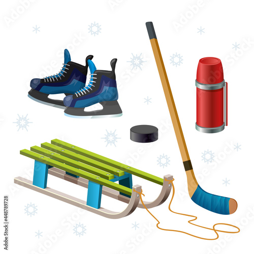 Retro wooden sled, stick, puck, hockey skates, thermos. Children sledding isolated on white. Winter outdoor games and sport for kids.