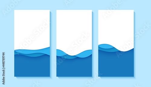 Set of flyers with blue waves in paper cut style. Collection of three papercut art empty banners for environment or World Water day. Vector advertising poster template for Save the Oceans day 8 june.
