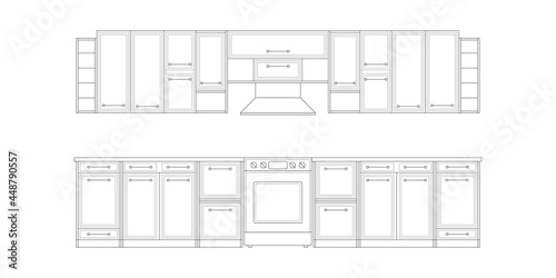 Kitchen drawing.Architectural linear sketch interior kitchen front view.Modern home furniture.Vector illustration .