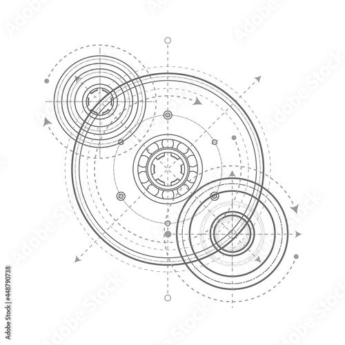 Engineering drawing with circles and geometric parts of mechanism. Technical plan .Linear gears.Vector illustration.