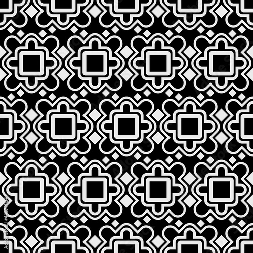Black ornamental shapes pattern. Vector seamless wallpaper sample.