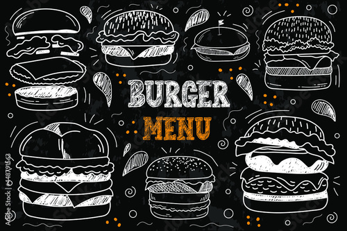 Vintage chalk drawing fast food menu. Vector set of fast food.
Hamburger, cheeseburger, meat cutlet, mustard, tomato, cheese, onion