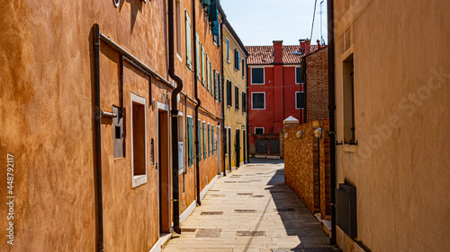 Fotografi alley of the old town with narrow street and colorful houses in Dolo, Venice, It