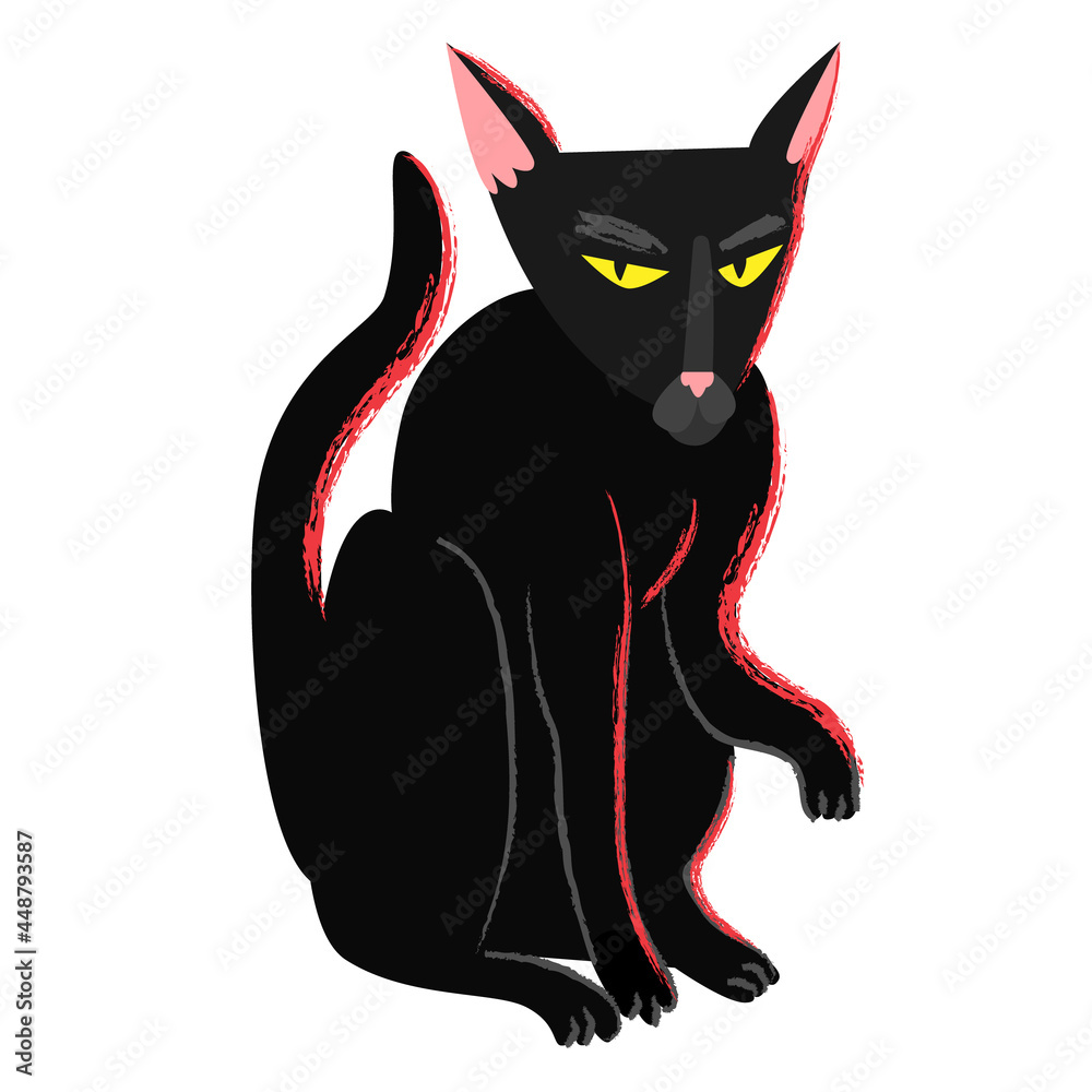 Black witch halloween cat in cartoon flat style. Black creepy grumpy ...
