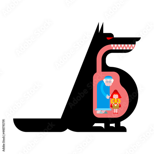 Wolf ate little red riding hood. Little red riding hood inside the belly of a wolf