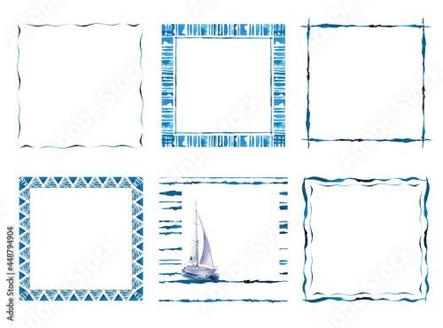 Set of blue nautic frames hand drawn in watercolor isolated on a white background. Watercolor illustration.  photo