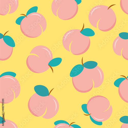 Sexy peaches seamless pattern. delicious peaches randomly located on a yellow background. Chubby Peach with leaf pattern for fabric, paper, textile, cover, notebook. Vector peach modern illustration.