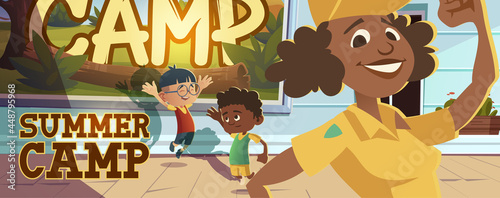 Summer camp poster with people going to hike